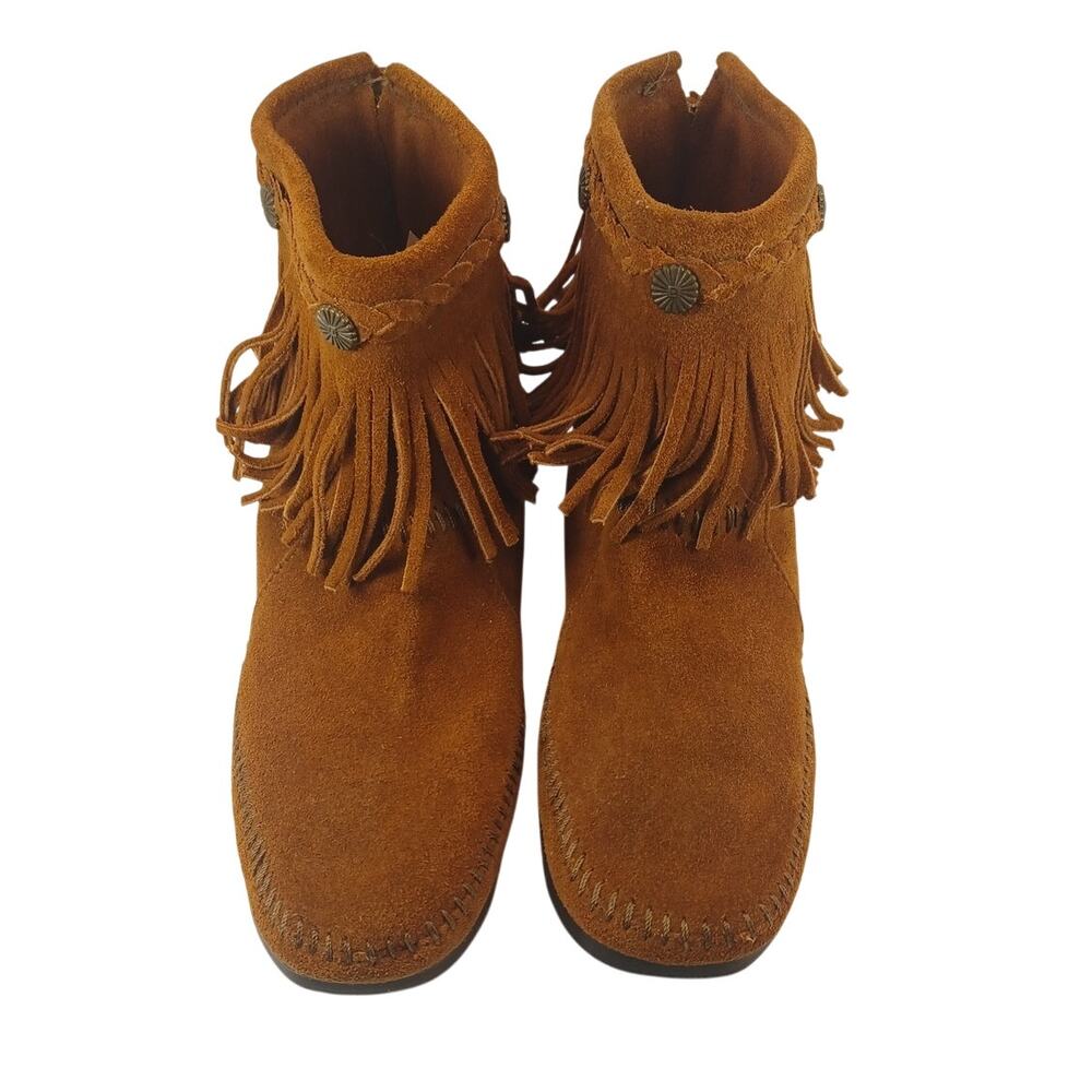Womens Minnetonka 8.5 Hi Top Back Zip Moccasin Boot Brown Suede Fringe Style 292 - Picture 2 of 13